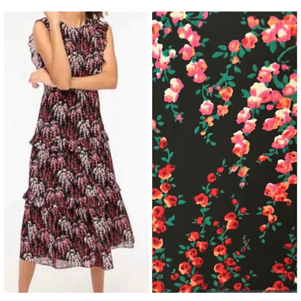 J.Crew Women Black Pink Floral Ruffle Tiered Maxi Dress Size 14 Sleeveless